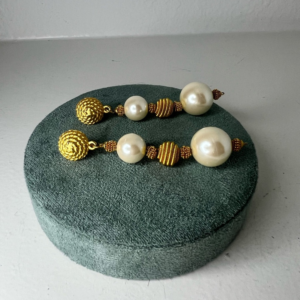 Vintage Classic Faux Pearl Textured Gold Plate Long Dangle Drop Earrings